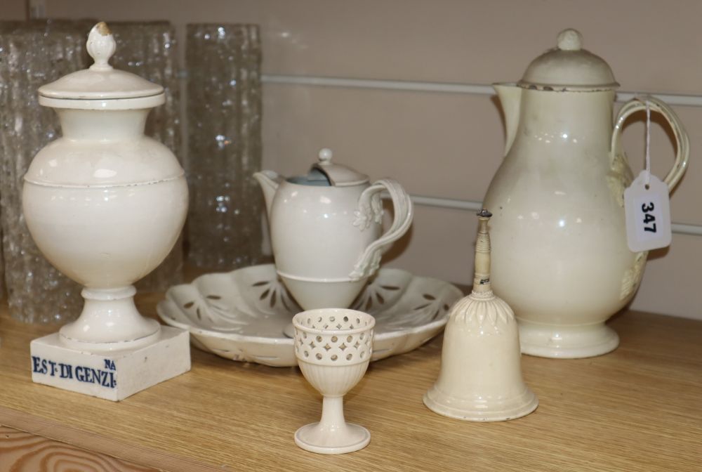 A late 18th / 19th century Italian creamware apothecary lidded jar, coffee pot and cover strainer (4)